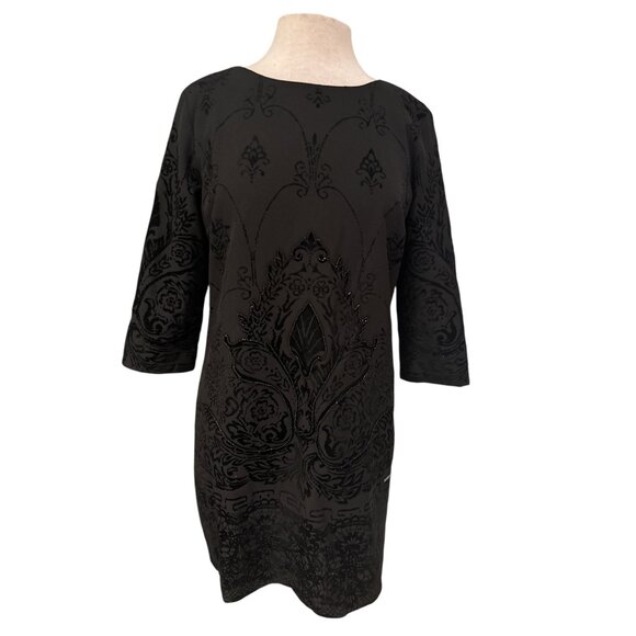 Desigual Black Tunic Dress With Textured Velvet Floral Pattern & 3/4 Sleeves Wom - Picture 1 of 13